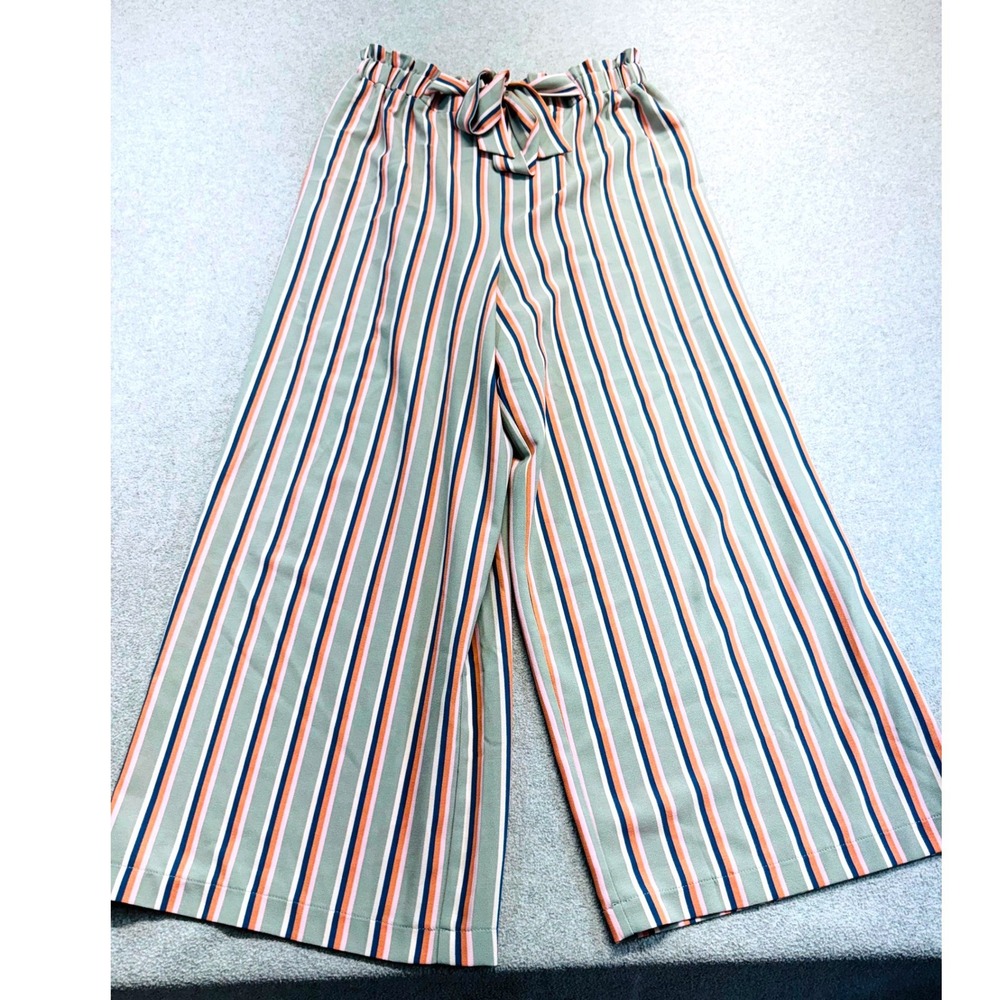 June & Hudson Womens Small Striped Wide Leg Paperbag Waist Tie Front Culottes